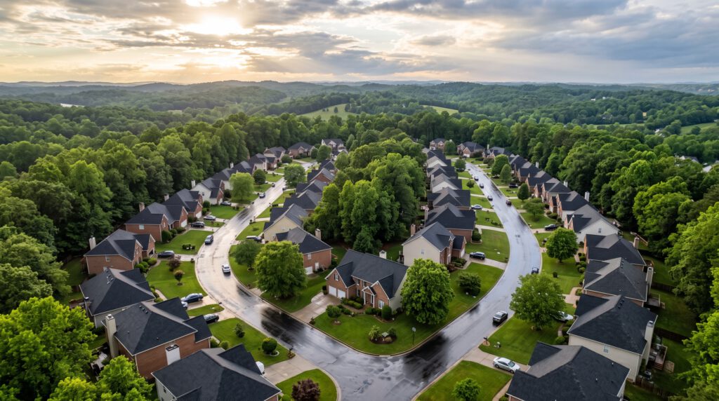 Aerial view of a neighborhood after a storm