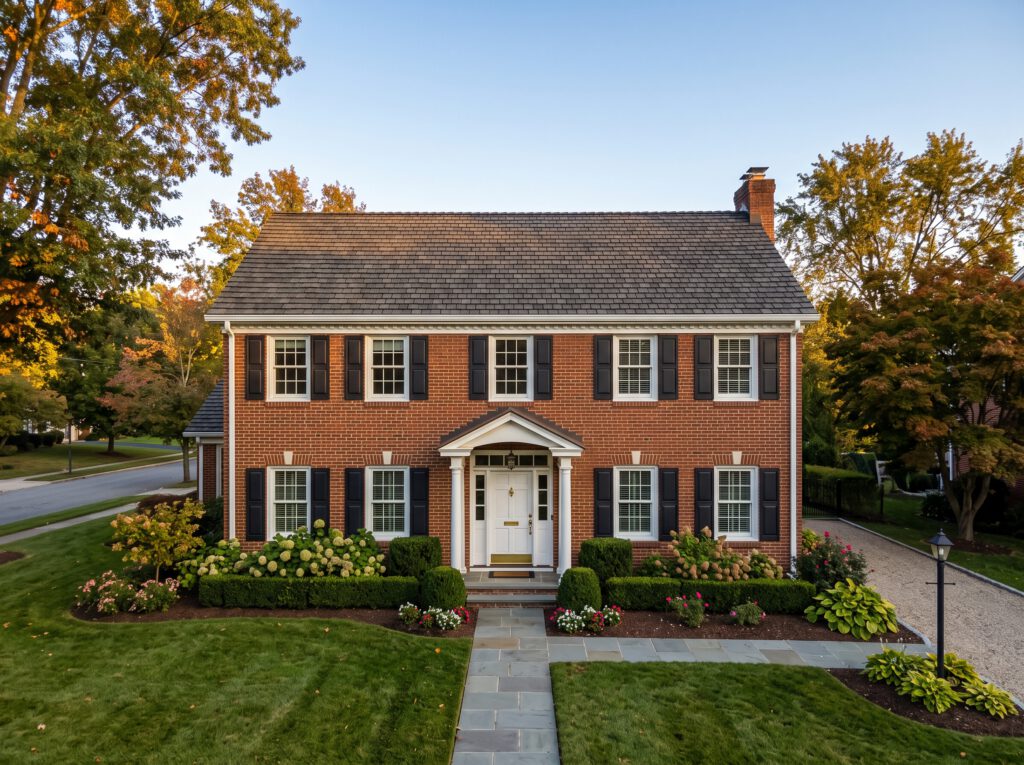 Brick colonial home with a new roof and white seamless gutters