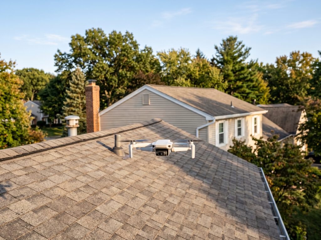 Drone inspecting a shingle roof