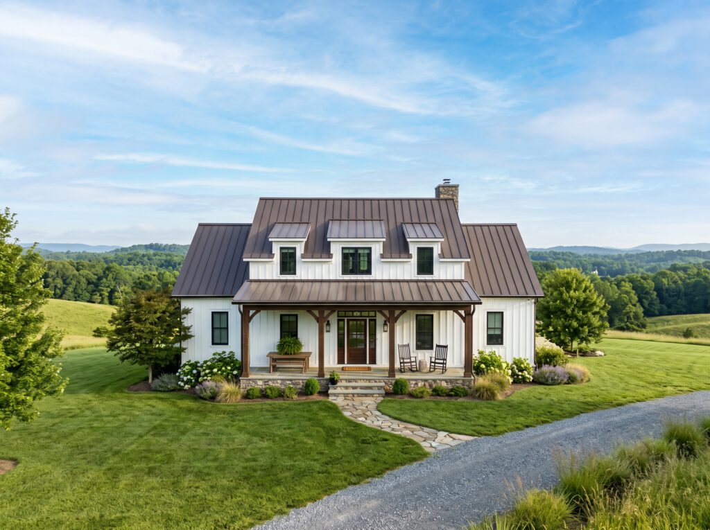 White farmhouse with a bronze standing-seam metal roof