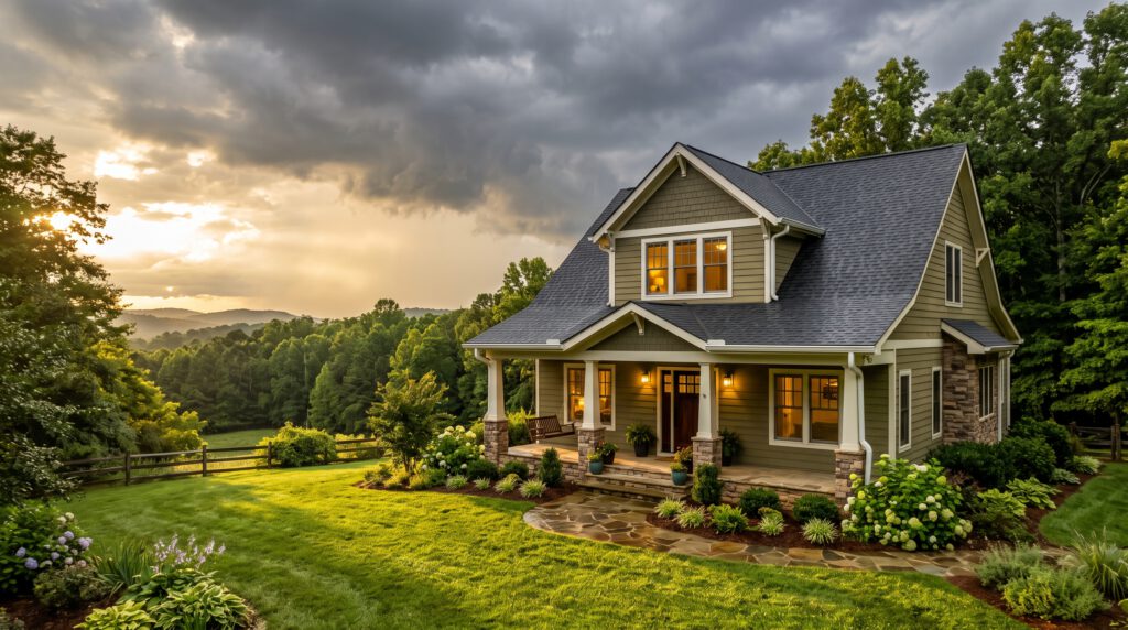 Craftsman home with a new charcoal shingle roof as storm clouds clear