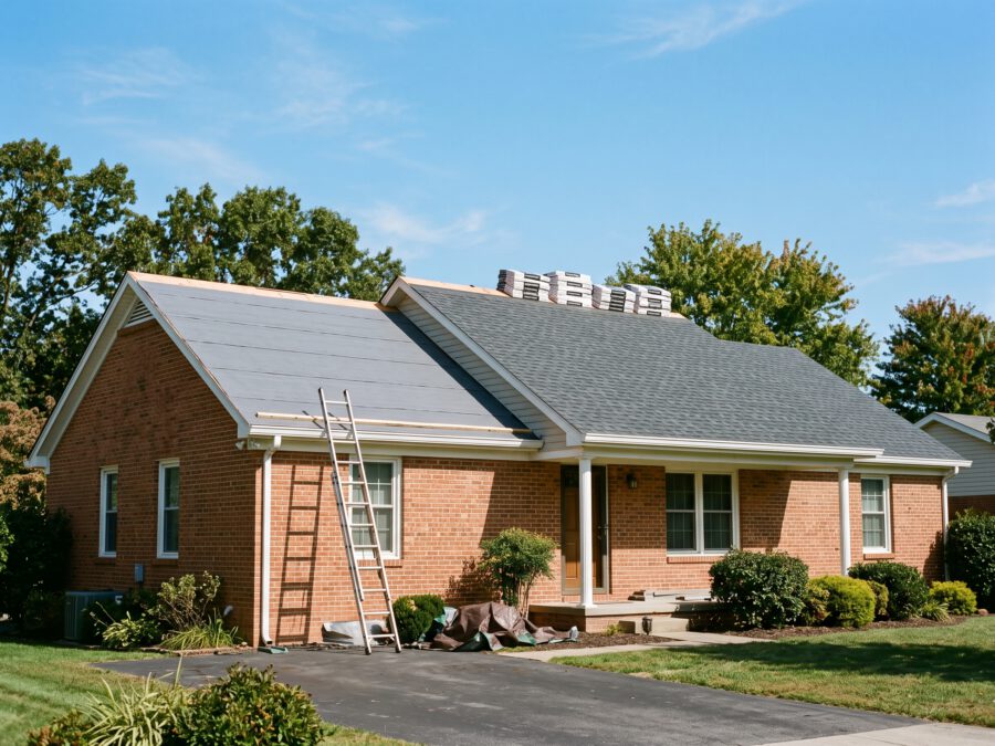 Roof replacement in progress on a brick ranch home