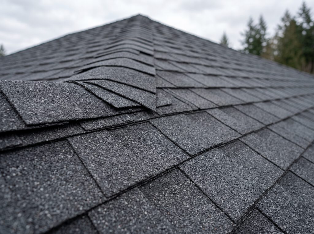 Close-up of new architectural asphalt shingles and ridge cap