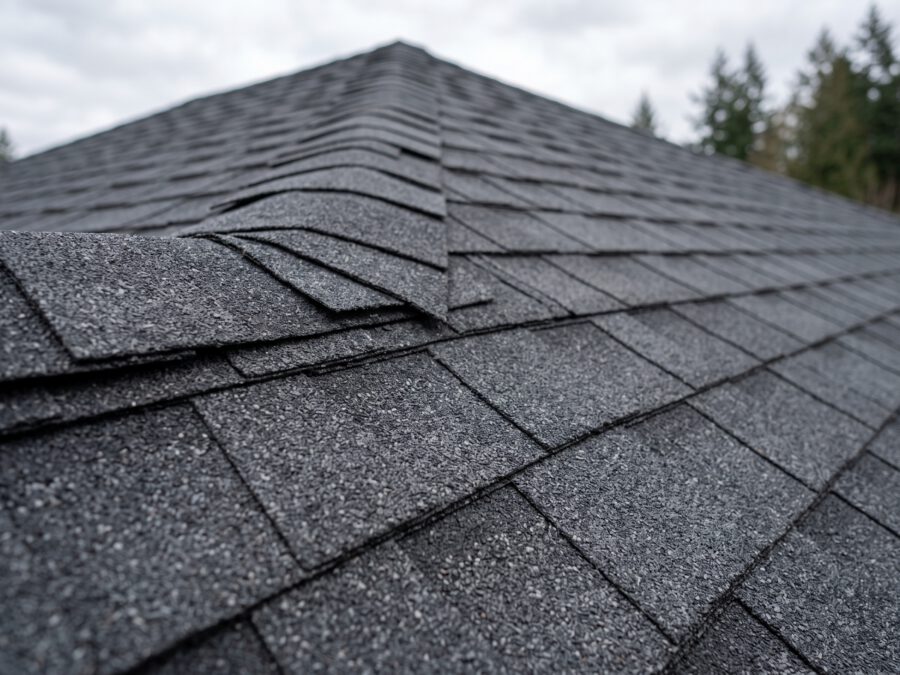 Close-up of new architectural asphalt shingles and ridge cap