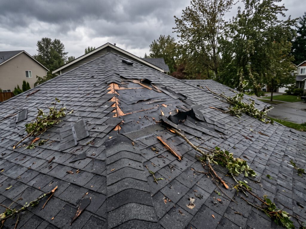 Storm-damaged shingle roof with missing shingles and debris