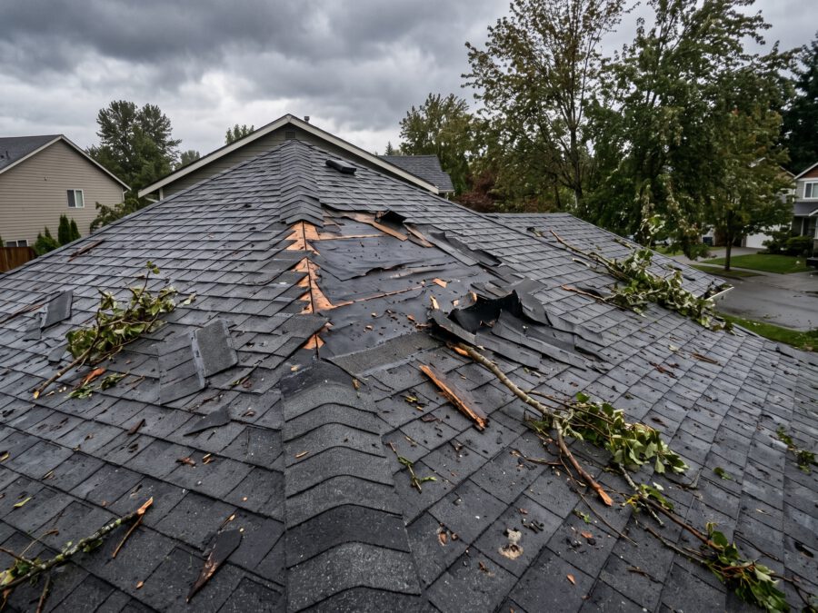 Storm-damaged shingle roof with missing shingles and debris